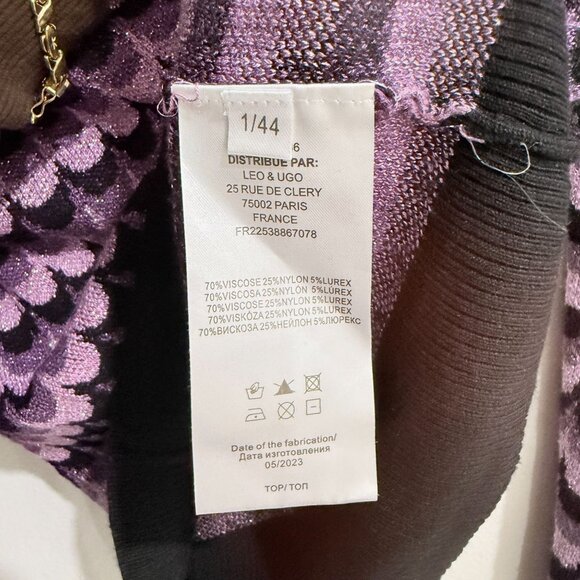 Leo & Ugo Purple Black Scallop Lurex Striped Knit V-Neck Sweater Size S France - Picture 4 of 12